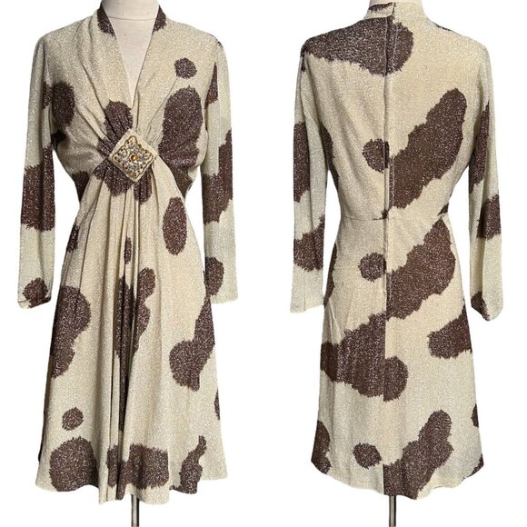 70s vintage metallic midi dress animal cow print beaded v-neck long sleeve. - Picture 3 of 12